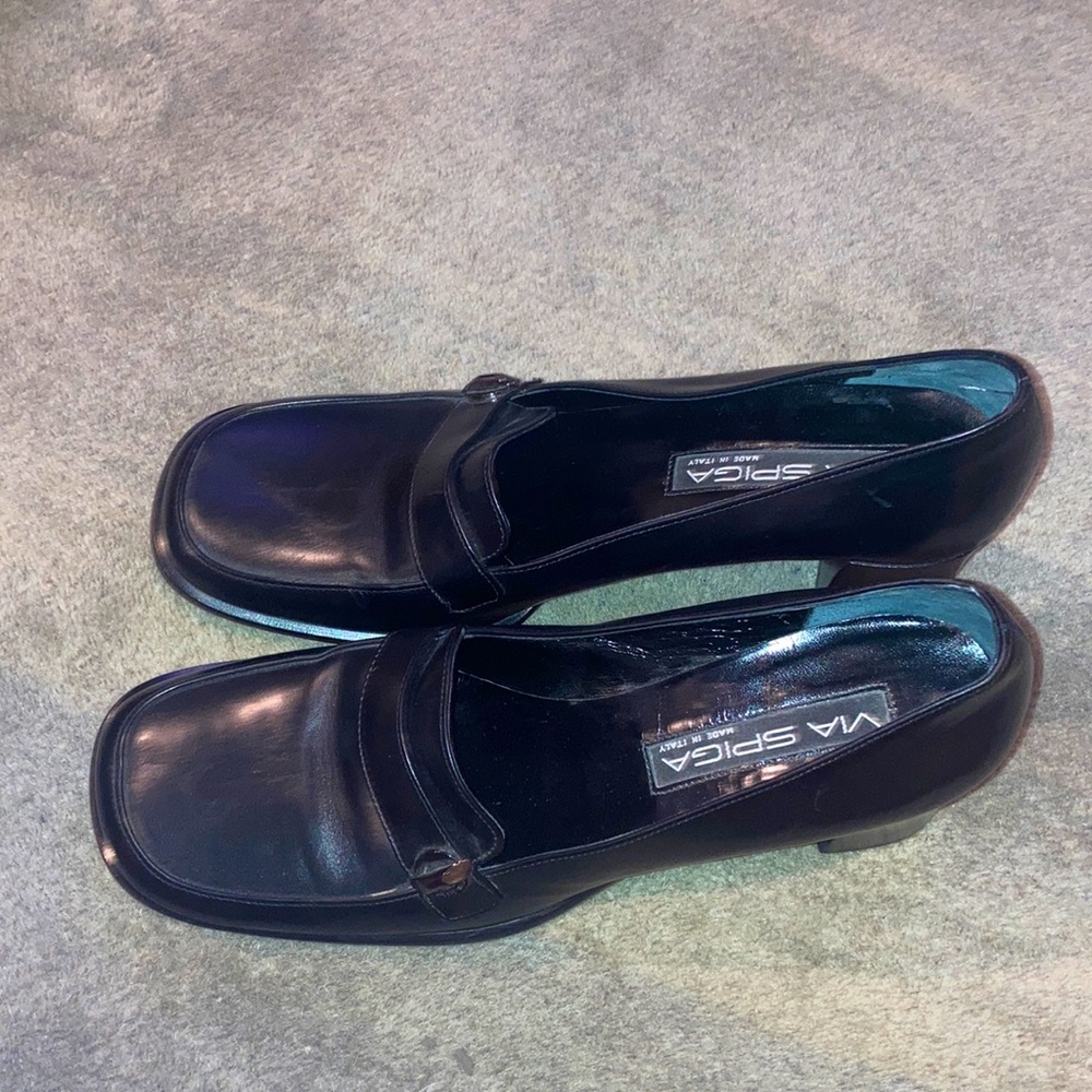 Black square toed heeled shoes